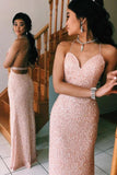 Sexy Spaghetti Straps V Neck Pink Rose Gold Prom Dresses Backless Evening Gowns