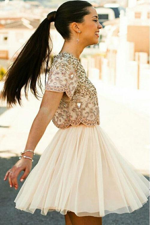 Sexy Two Piece Short Sleeve Homecoming Dress with Beads Round Neck Chiffon Prom Dress