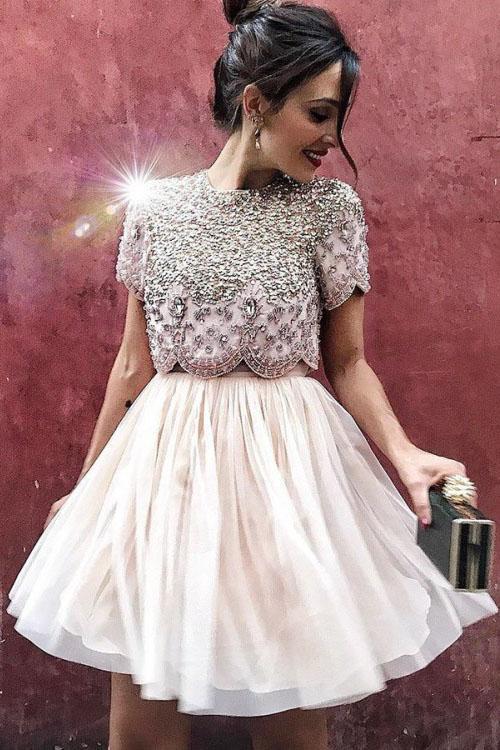 Sexy Two Piece Short Sleeve Homecoming Dress with Beads Round Neck Chiffon Prom Dress
