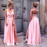 Sexy V Neck Prom Dresses Pink Spaghetti Straps Ruffles Floor Length Party Dresses with Slit