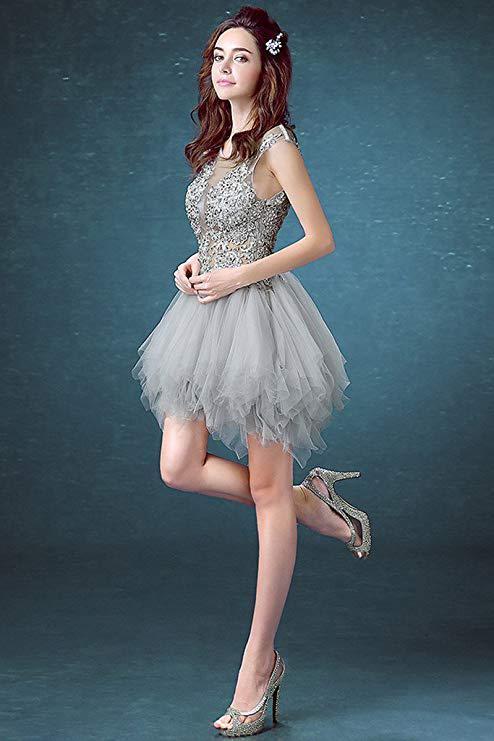 Short Sexy See Through Lace Tulle Gray Homecoming Dresses with Sequins Party Dresses