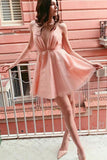 Simple A Line Deep V Neck Pink Above Knee Short Homecoming Dress With Sequins