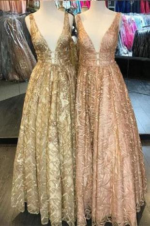 Simple A Line Lace Deep V Neck Floor Length Prom Dresses Pink Evening Dresses