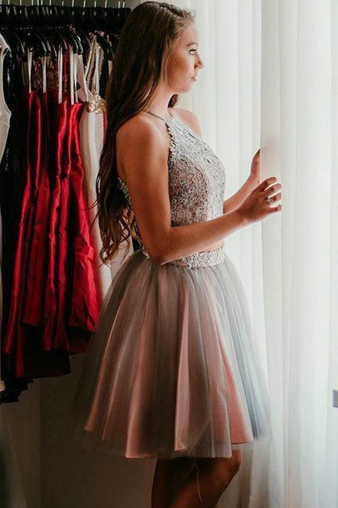 Simple Grey Two Pieces Knee Length Beads Halter Tulle Homecoming Dresses with Appliques