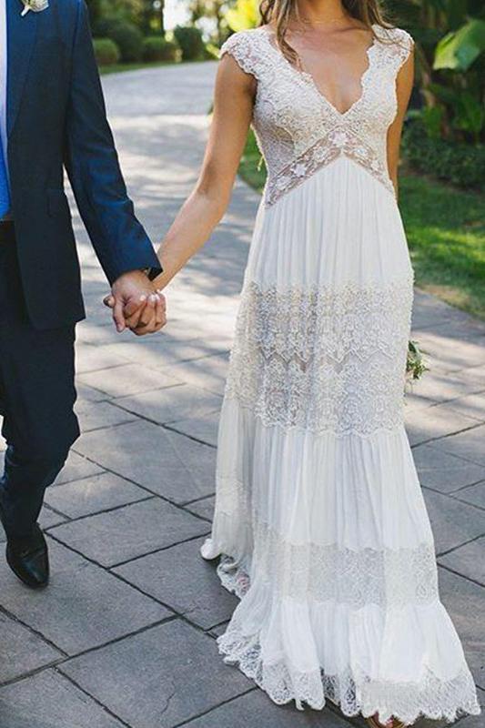 Simple Lace V Neck Ruched Short Sleeves White Floor Length Wedding Dresses