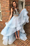 Simple Light Blue Two Pieces High Low Beads Sleeveless Prom Dresses with Tulle