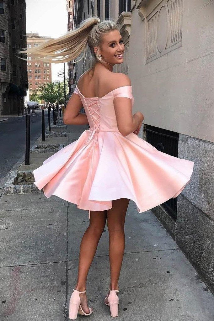 Simple Off the Shoulder Pink Homecoming Dresses Cheap Lace up Homecoming Dress