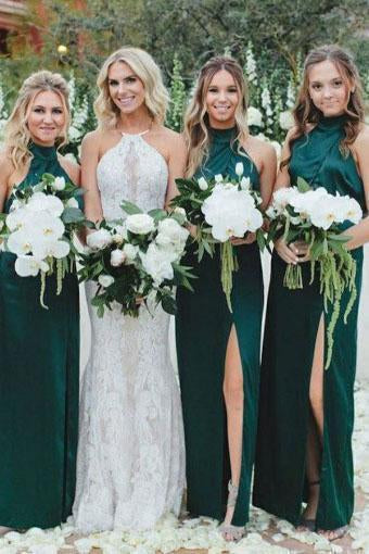 Simple Sheath High Neck Dark Green Bridesmaid Dress with Split Long Prom Dresses