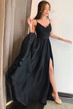 Simple Spaghetti Straps V Neck Lace Black Prom Dresses Side Slit Evening Dresses