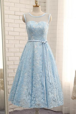 Simple Tea Length Light Blue Lace Homecoming Dress with Belt Short Prom Dress