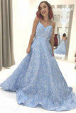 Sky Blue Floral Spaghetti Straps Prom Dresses Lace Appliques Backless Evening Dress