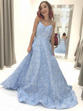 Sky Blue Floral Spaghetti Straps Prom Dresses Lace Appliques Backless Evening Dress