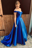 Gorgeous Off Shoulder Sweetheart A Line Satin Lace Sweep Train Prom Dresses
