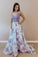 Spaghetti Straps A-line Prom Dresses Lace Floral V Neck Purple Formal Dresses