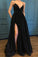 A Line Spaghetti Straps Black Sparkle Long Prom Dresses with Pockets V Neck Sequins Slit