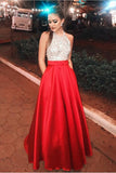 Sparkly Open Back Halter Beading Red Long Prom Dresses with Pockets Party Dresses