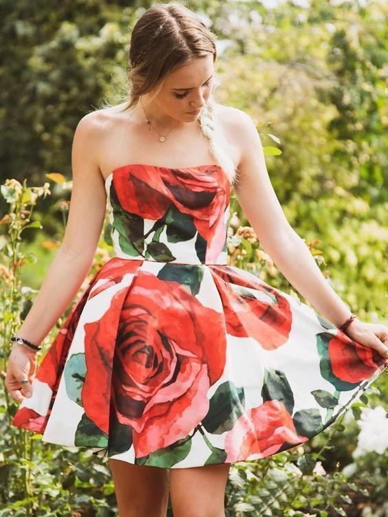 Strapless Red Floral Print Homecoming Dresses with Pockets Vintage Short Prom Dresses