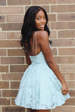 Straps A-line Short Blue V Neck Homecoming Dress Lace Appliques Backless Prom Dresses
