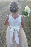 Stunning Sleeveless A Line Satin Bowknot Pink Flower Girl Dresses with Round Neck