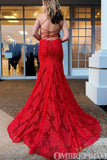 Stunning Spaghetti Straps V Neck Backless Lace Long Prom Dresses