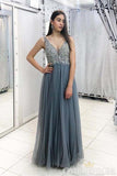 Stunning V Neck Sleeveless Prom Dresses with Sequins Long Evening Dresses