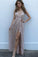 Sexy A-Line Spaghetti Straps Criss-Cross Pearl Pink Lace V Neck Prom Dress With Slit