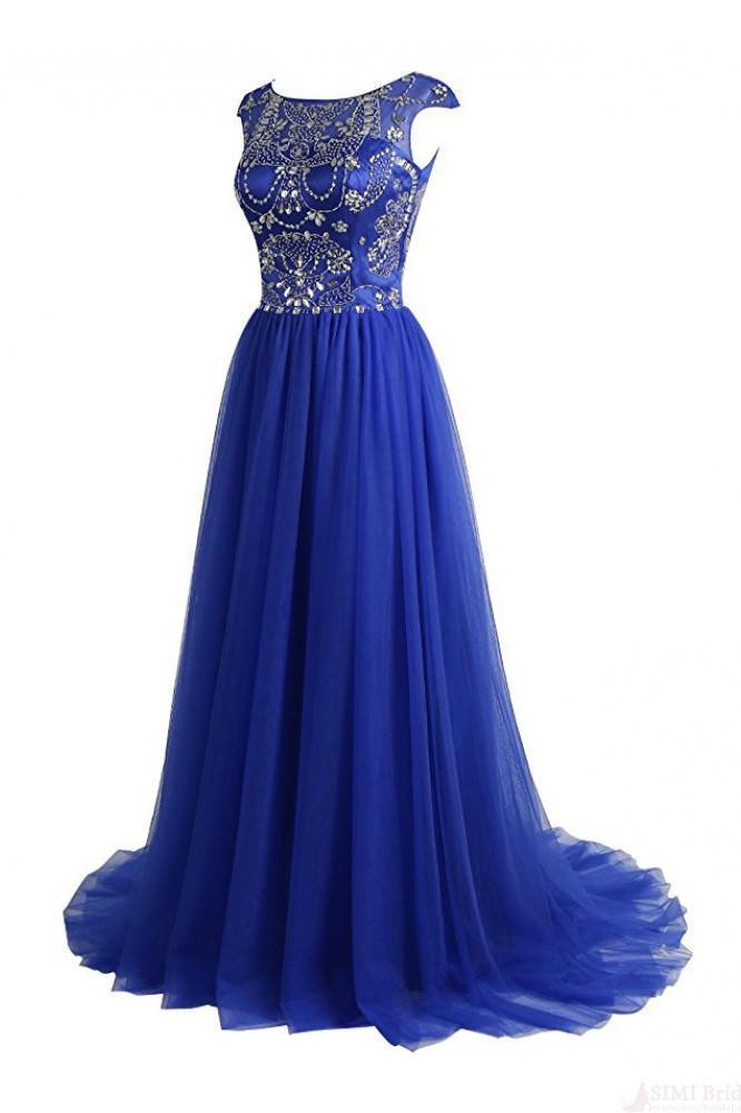 A-Line Floor-length Gorgeous Beading Bodice Long Tulle Prom Dresses Evening Dresses