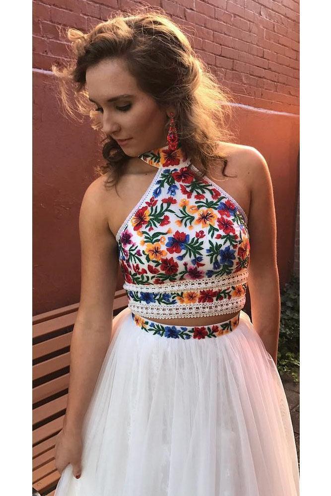 Two Pieces Embroidery Prom Dresses Unique Halter Open Back Formal Dress with Tulle