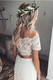 Two Pieces Short Sleeve Off the Shoulder Ivory Lace Beach Wedding Dresses with Chiffon