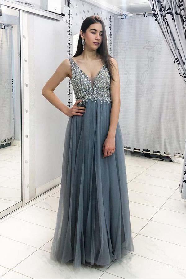Unique Grey Beads Long Prom Dresses V Neck Tulle Cheap Evening Dresses
