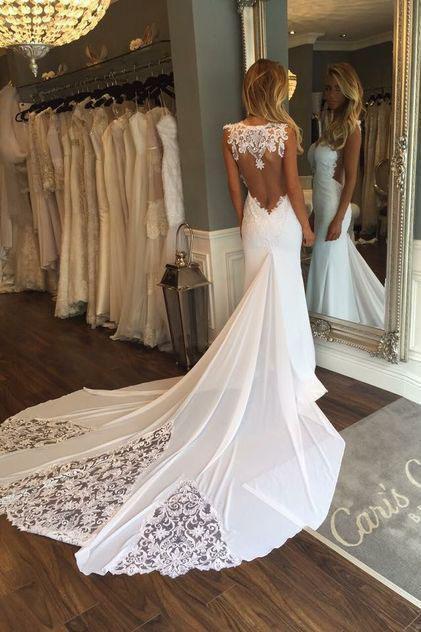 Unique Mermaid Sheer Neck Wedding Dresses with Lace Unique Ivory Bridal Dresses