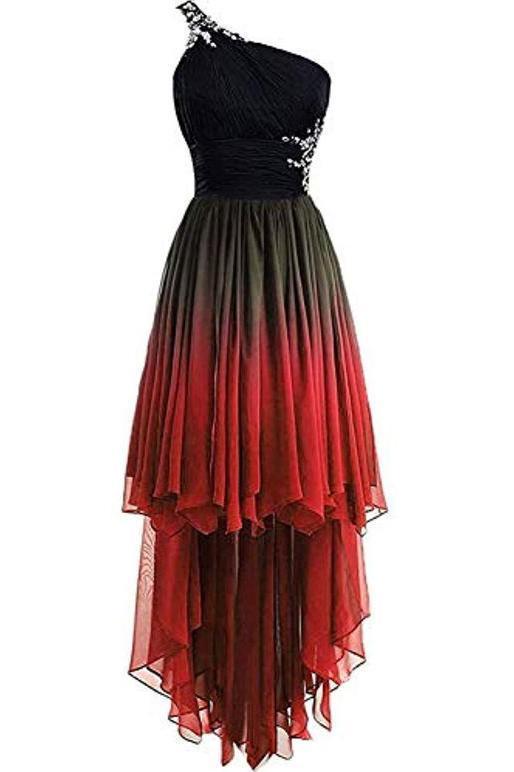 Unique One Shoulder Ombre Black and Red High Low Homecoming Dresses with Beads