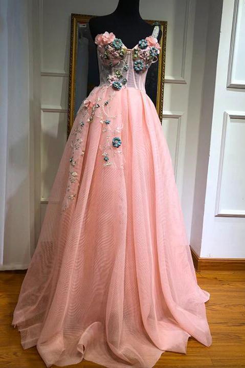 Unique One Shoulder Pink Prom Dresses Appliques Sweetheart Long Party Dresses