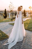 Unique Scoop Tulle Beads Chiffon Ivory V Back Long Wedding Dresses Beach Wedding Gowns