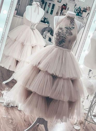 Unique Short Layered Tulle High Neck Backless Short Prom Dress Homecoming Dresses