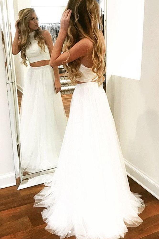 Unique Two Pieces White Halter Tulle Prom Dresses Long Cheap Dance Dresses