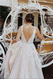 Unique V Neck Tulle Lace Wedding Dress Tulle Ball Gown Prom Dress With Appliques