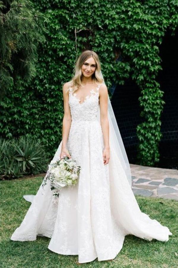 A Line Round Neck Floor Length V Neck Cheap Wedding Dress with Lace Appliques