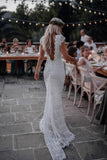 Vintage Backless Lace Boho Mermaid Wedding Dresses Cap Sleeve Bohemian Bridal Gowns
