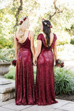 Vintage Burgundy Sequins Backless Long Prom Dresses Bridesmaid Dresses