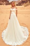 Sexy Off-the-Shoulder Sweep Train Sweetheart A-Line Tulle Ivory Floor-Length Wedding Dress