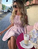 Cute A line Sleeveless Scoop Satin Pink Embroidery Short Homecoming Dresses