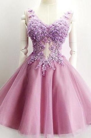 A Line V Neck Lace Appliques Lilac Short Beading Tulle Sleeveless Homecoming Dresses