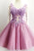 A Line V Neck Lace Appliques Lilac Short Beading Tulle Sleeveless Homecoming Dresses