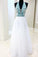 White Chiffon Long Prom Dress V Neck Halter With Blue Beaded Bodice Dress Evening Dress