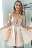 Sexy A-Line Spaghetti Straps V Neck Pearl Pink Short Homecoming Dress with Sequins