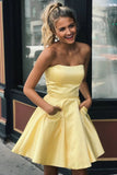 Yellow Satin Strapless Short Prom Dresses with Pockets Simple Homecoming Dresses