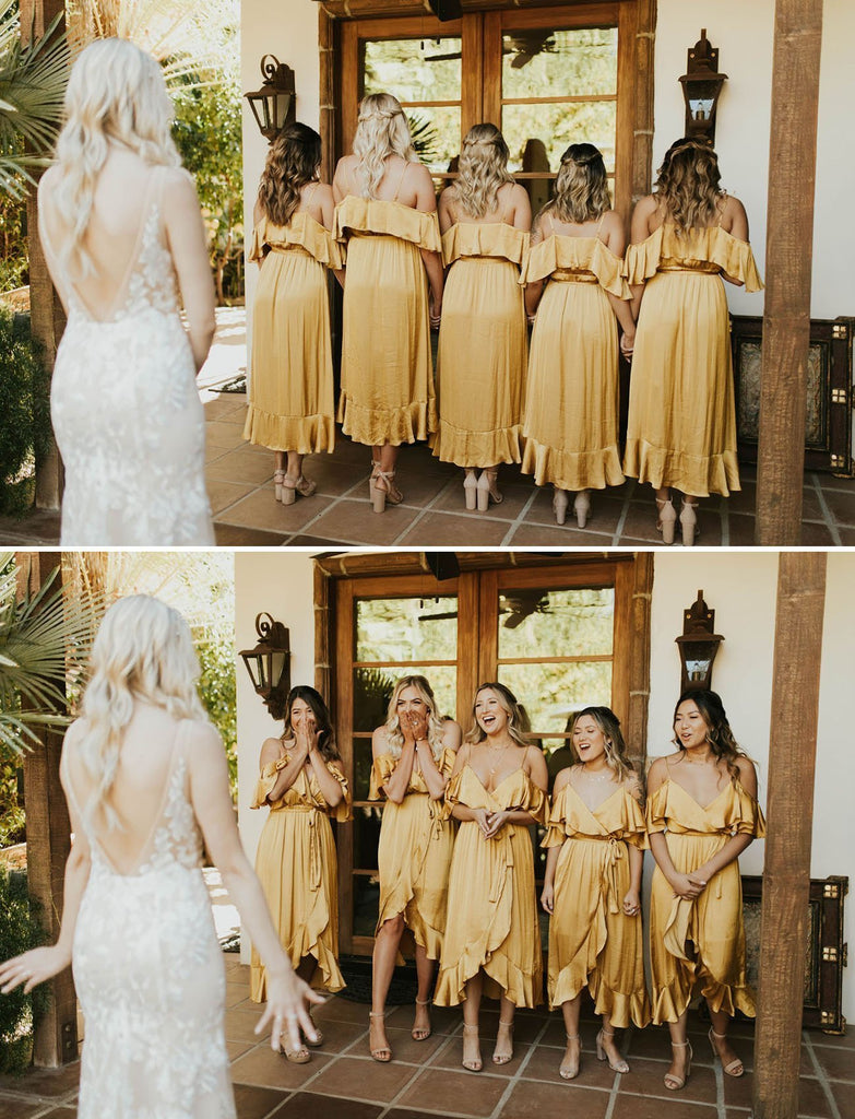 Yellow V Neck Spaghetti Straps High Low Bridesmaid Dresses Wedding Party Dresses