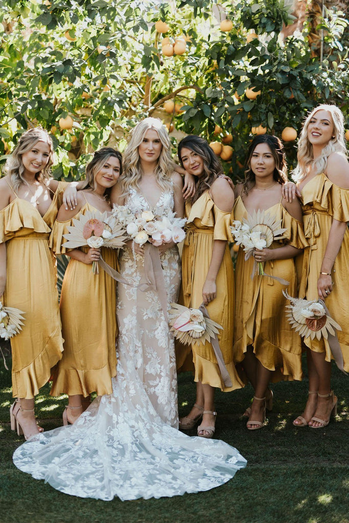 Yellow V Neck Spaghetti Straps High Low Bridesmaid Dresses Wedding Party Dresses