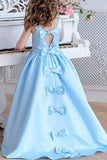 Princess A Line Sky Blue Satin Flower Girl Dresses with Bowknot, Baby Dresses STK15586